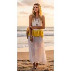 Free People White Yellow Ombre Lace Trim Tank Top S Boho Embroidered Sheer